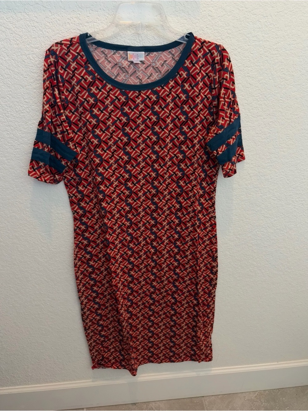 LuLaRoe Julia Red Geometric Midi Dress with Navy Trim